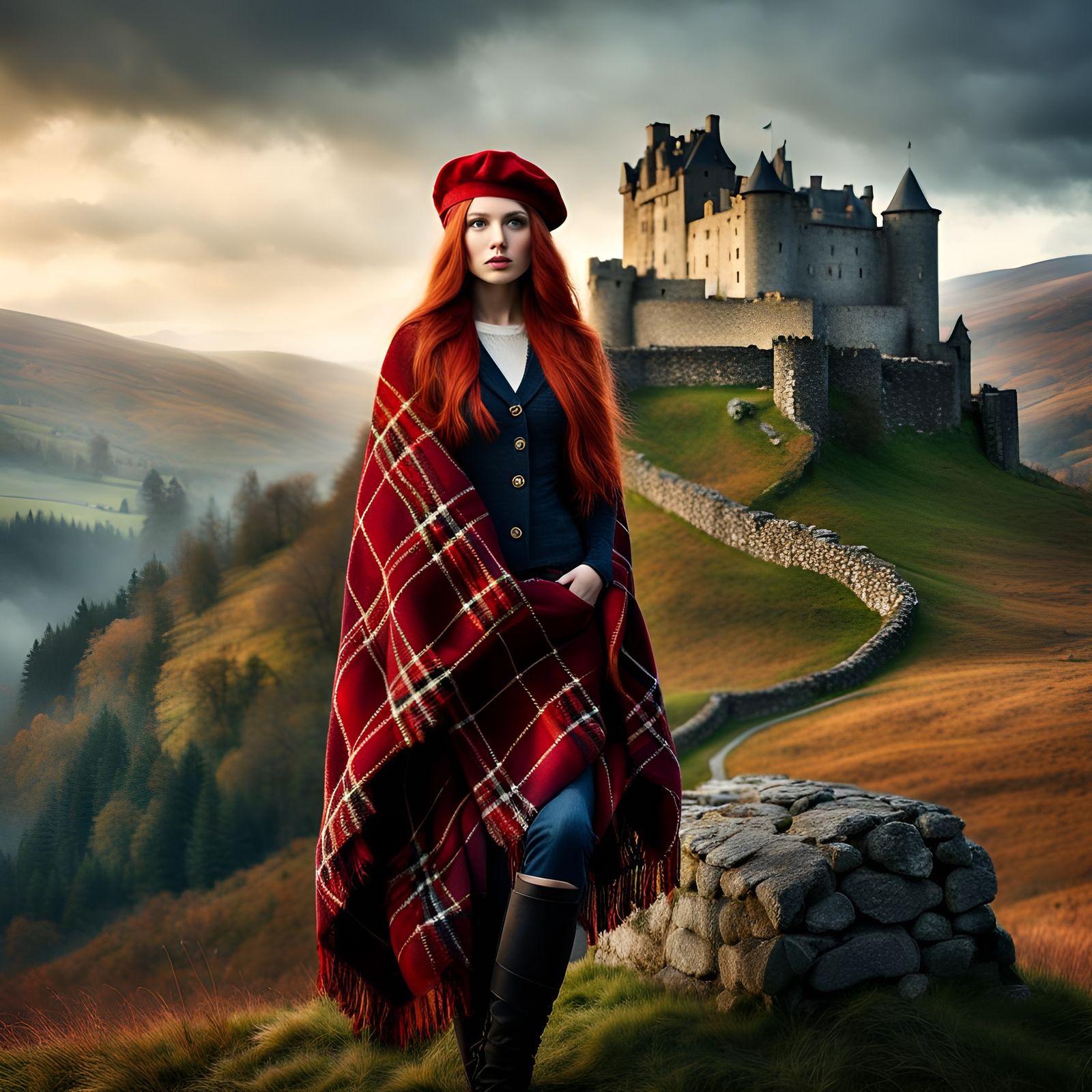 Scottish woman wrapped herself in a thick, plaid blanket scarf