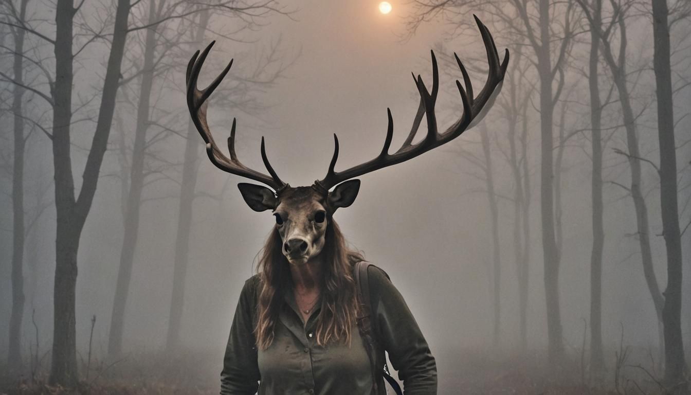 Bullwinkle the woman wearing the skull of a buck of 18 points on the antlers rising from the mist in the Early predawn h...