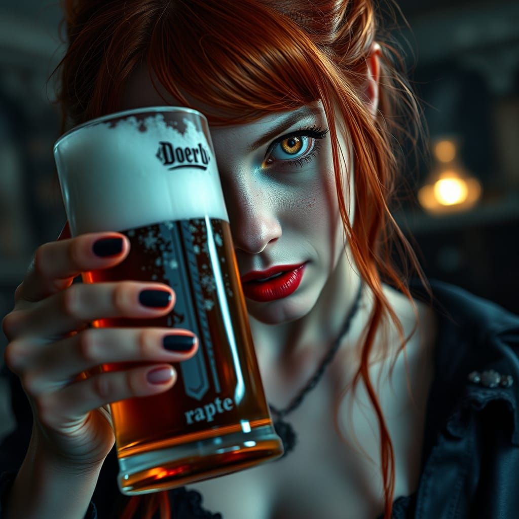 Glowing Redhead Vampire with Beer Tankard in a Dramatic Atmo...