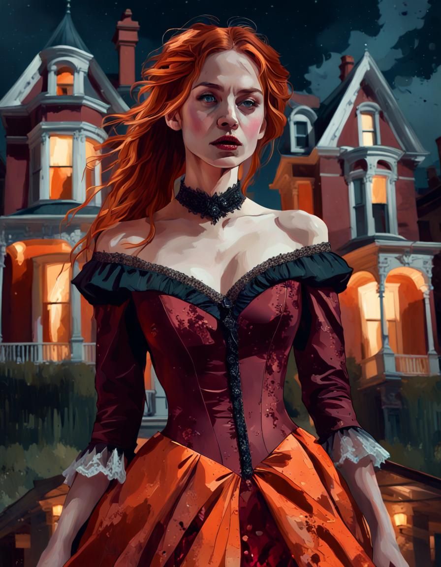 Cinematic portrait, style woman Victorian in the town of ghostly in...