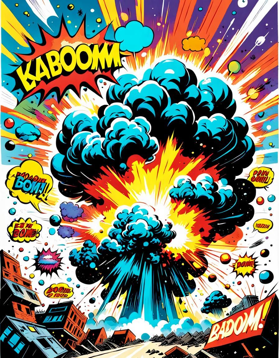 Colorful Atomic Bomb Explosion with Comic Book Text