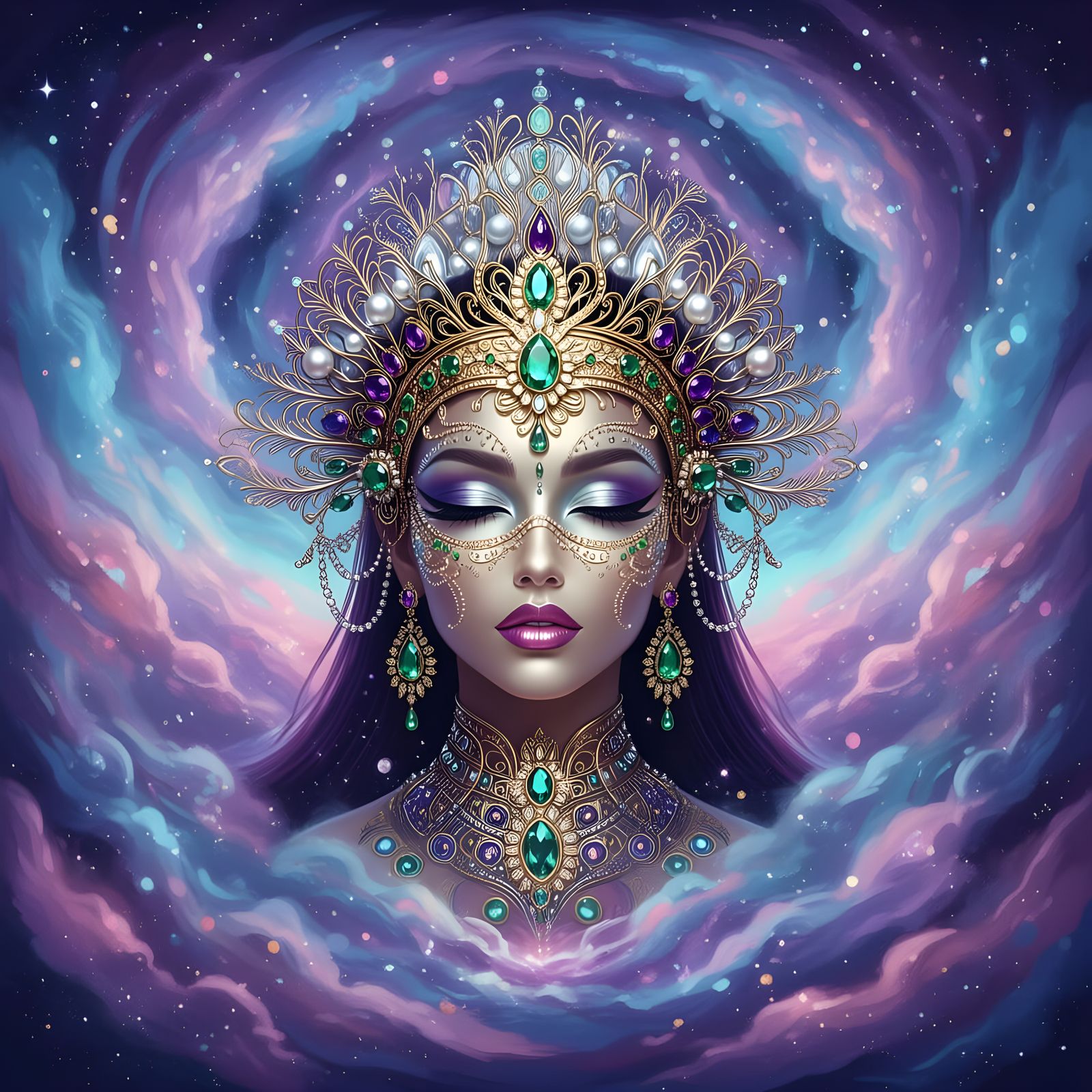 Native American Woman Gazes into Cosmic Nebula in Storybook ...