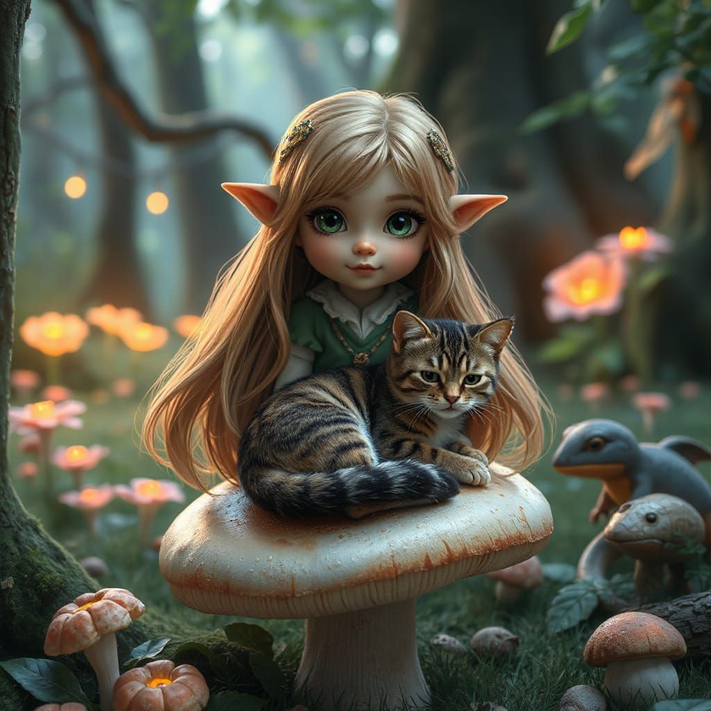 Elven Girl Surrounded by Enchanted Forest Creatures in Whims...