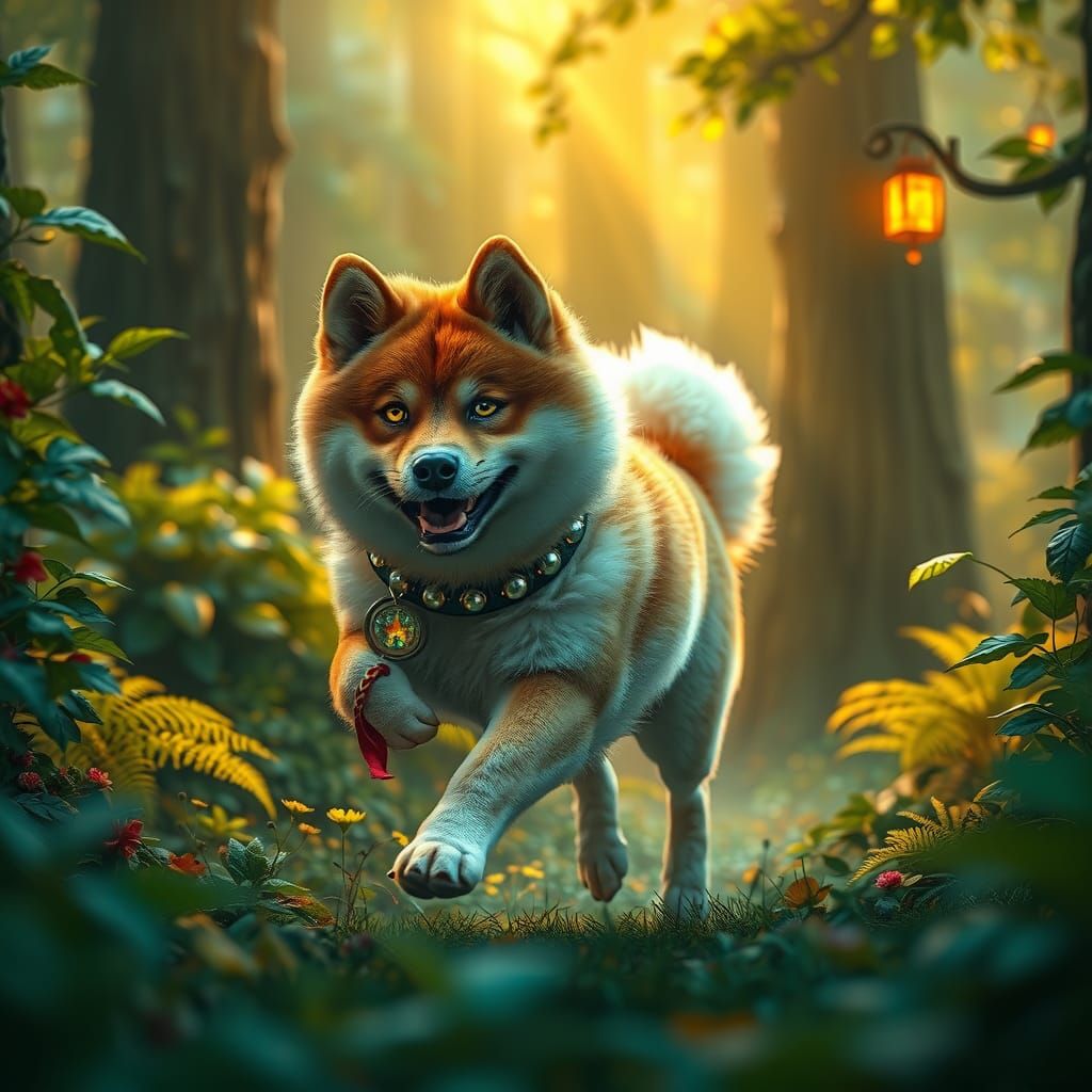 Akita with Cheshire Grin in Mystical Forest