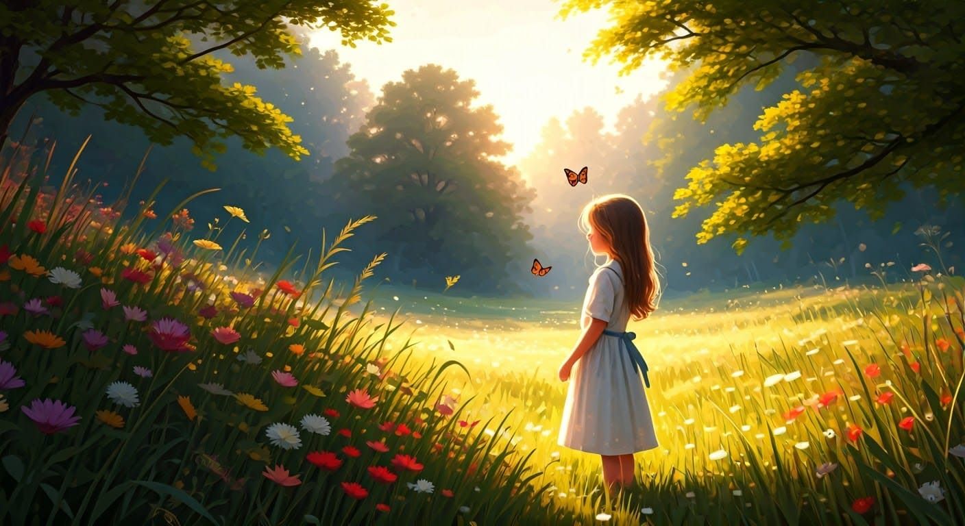 Girl in Meadow with Butterflies, Impressionistic Style