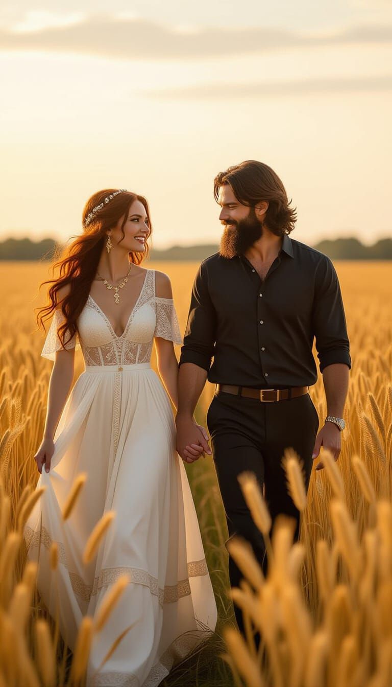 Couple in Golden Wheat Field with Warm Light