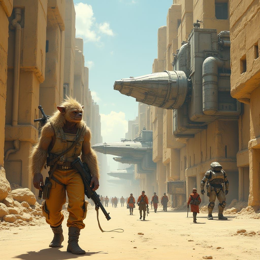 Futuristic Street Scene with Sandstone Buildings and Metalli...