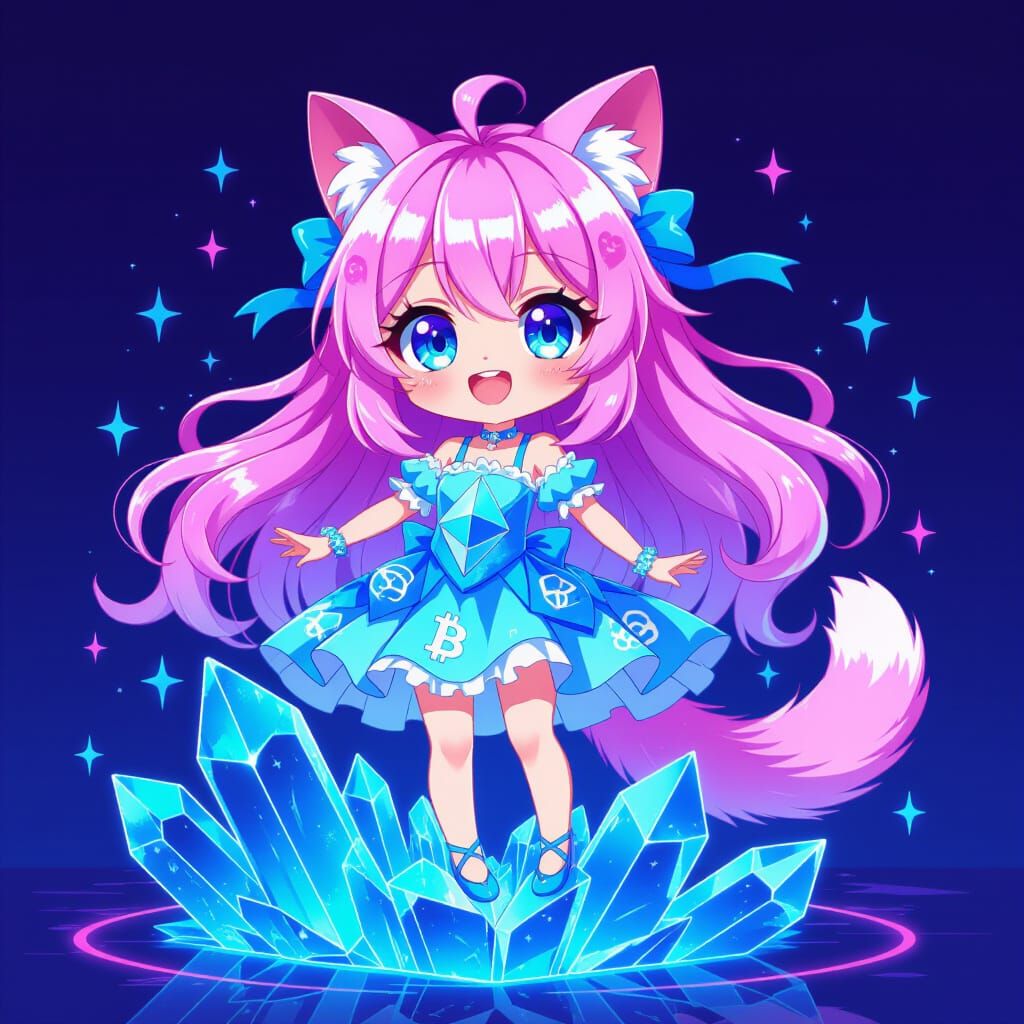 Chibi Catgirl on Ethereum Crystal in Anime Style