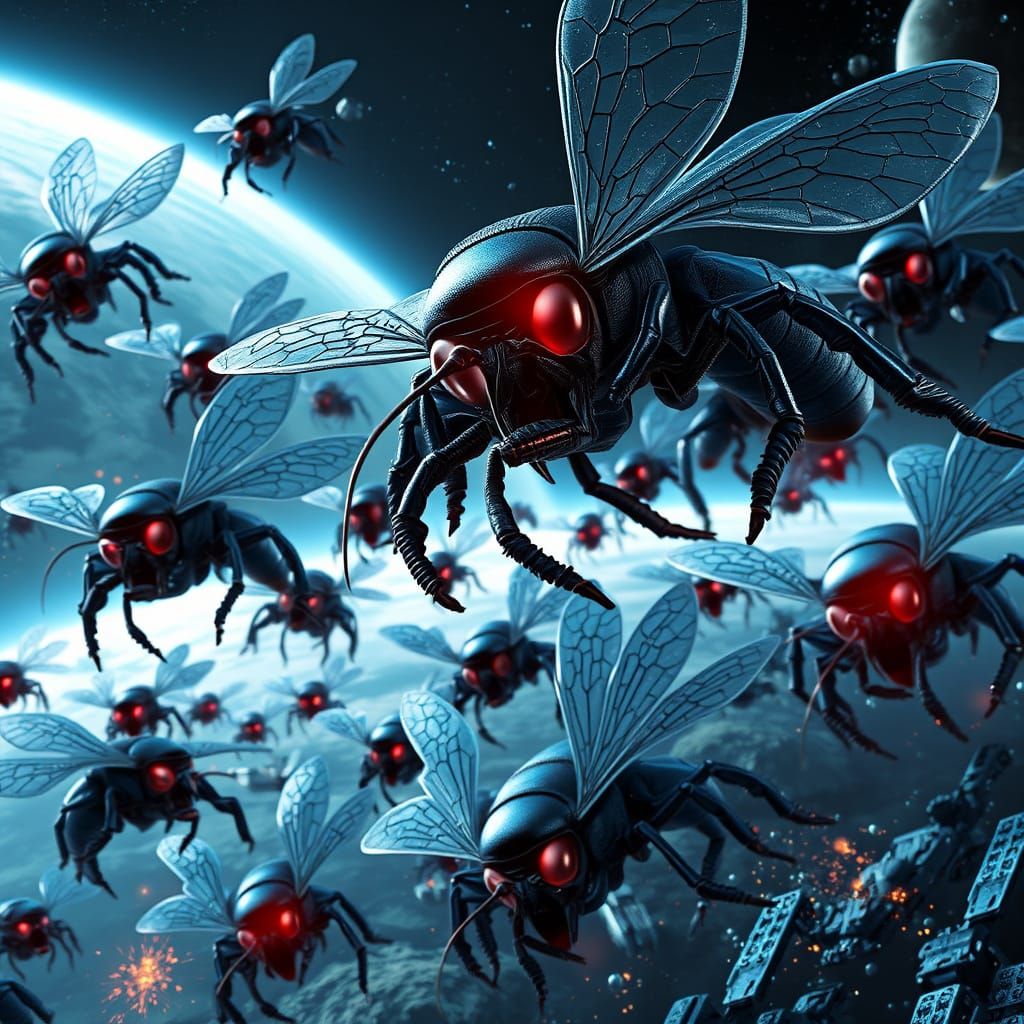 Menacing Killer Space Bees in Futuristic Industrial Landscap...