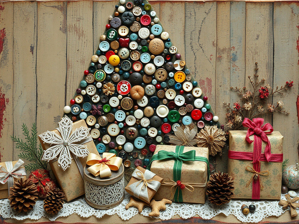 Button Mosaic Christmas Tree in Mixed Media Collage