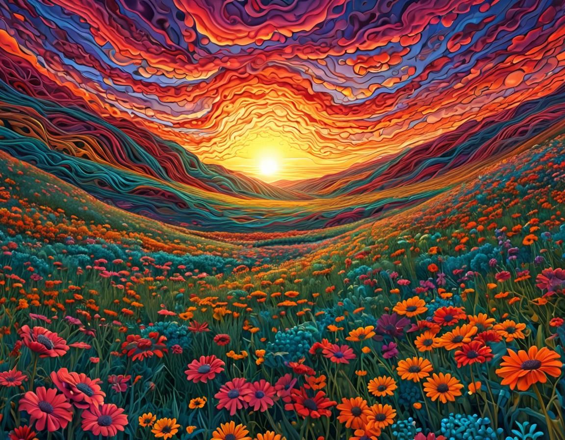 Sunset Over Flower Meadow with Abstract Elements