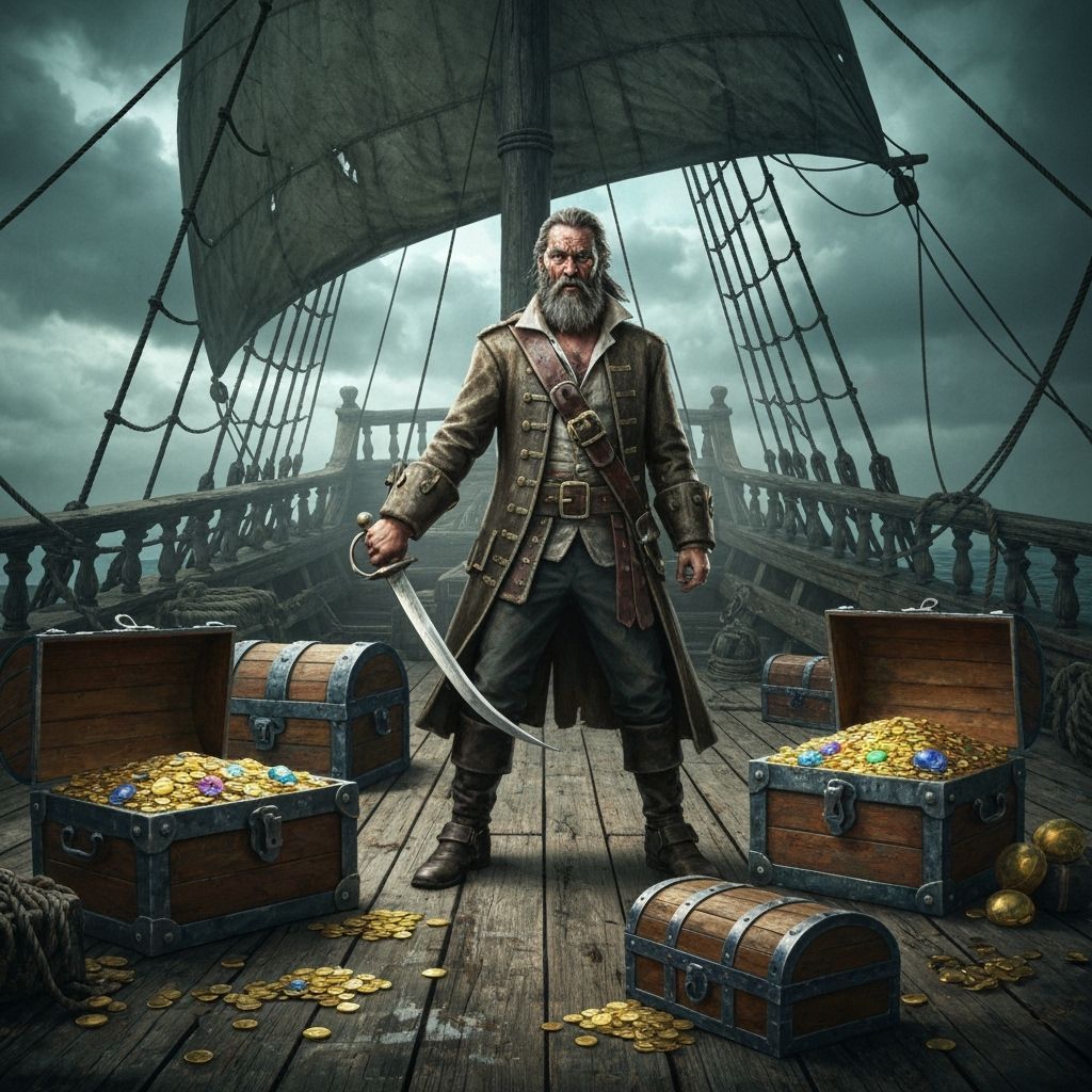 Pirate Ship Treasure Scene Under Stormy Skies