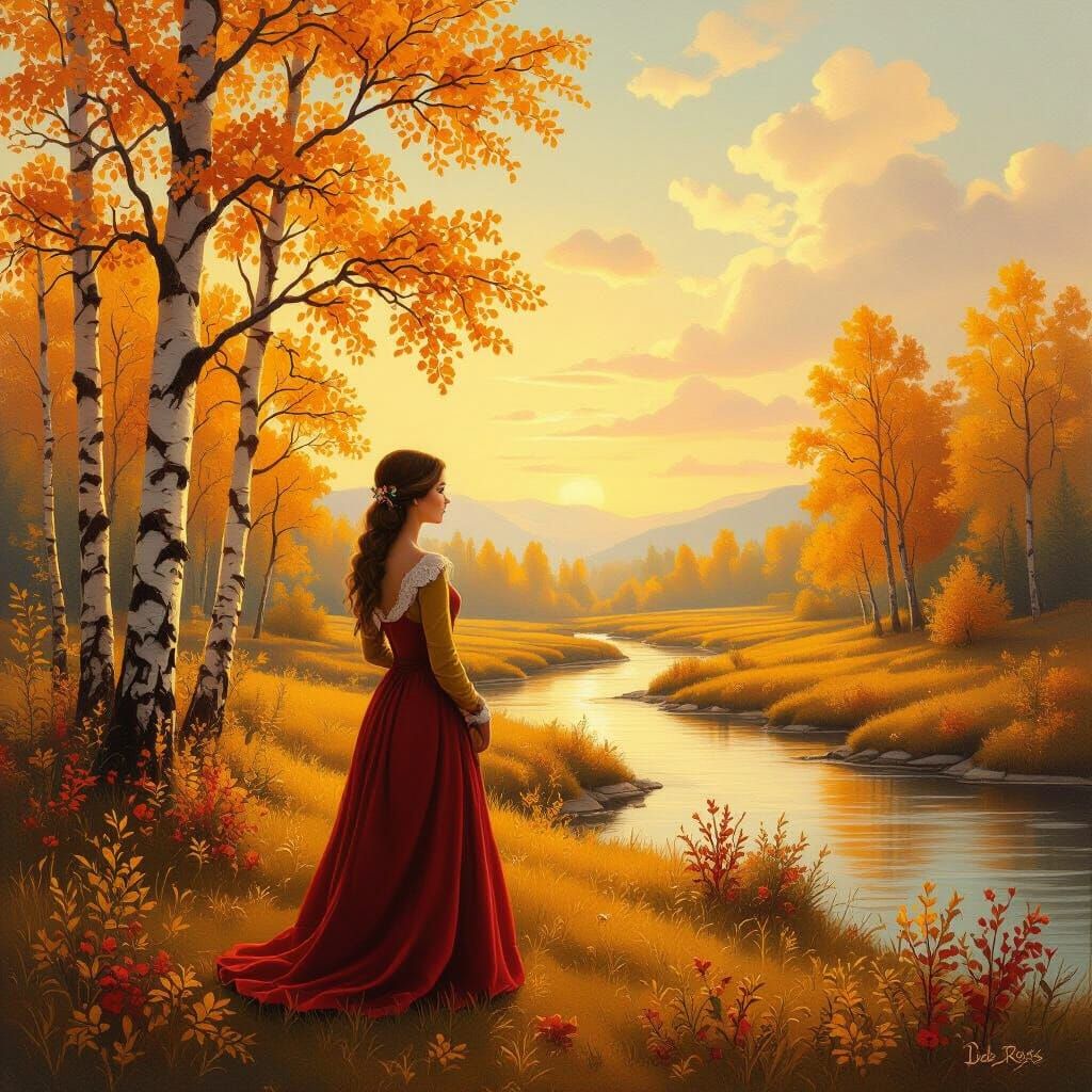 Autumn Landscape with Serene Woman, Realistic Romantic Style