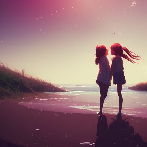 Anime Girls Kissing at Beach, Ghibli Style