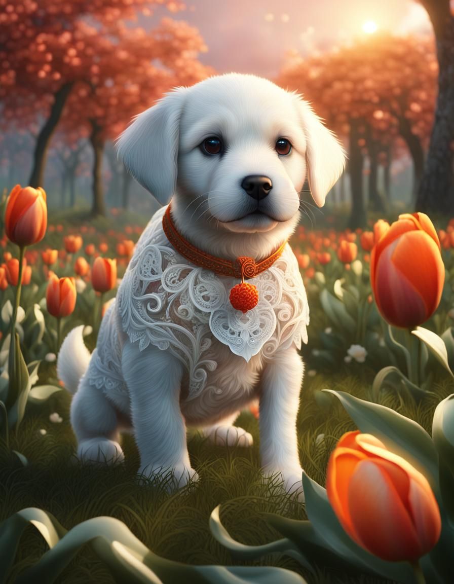 Puppy in Tulip Field: Digital Matte Painting