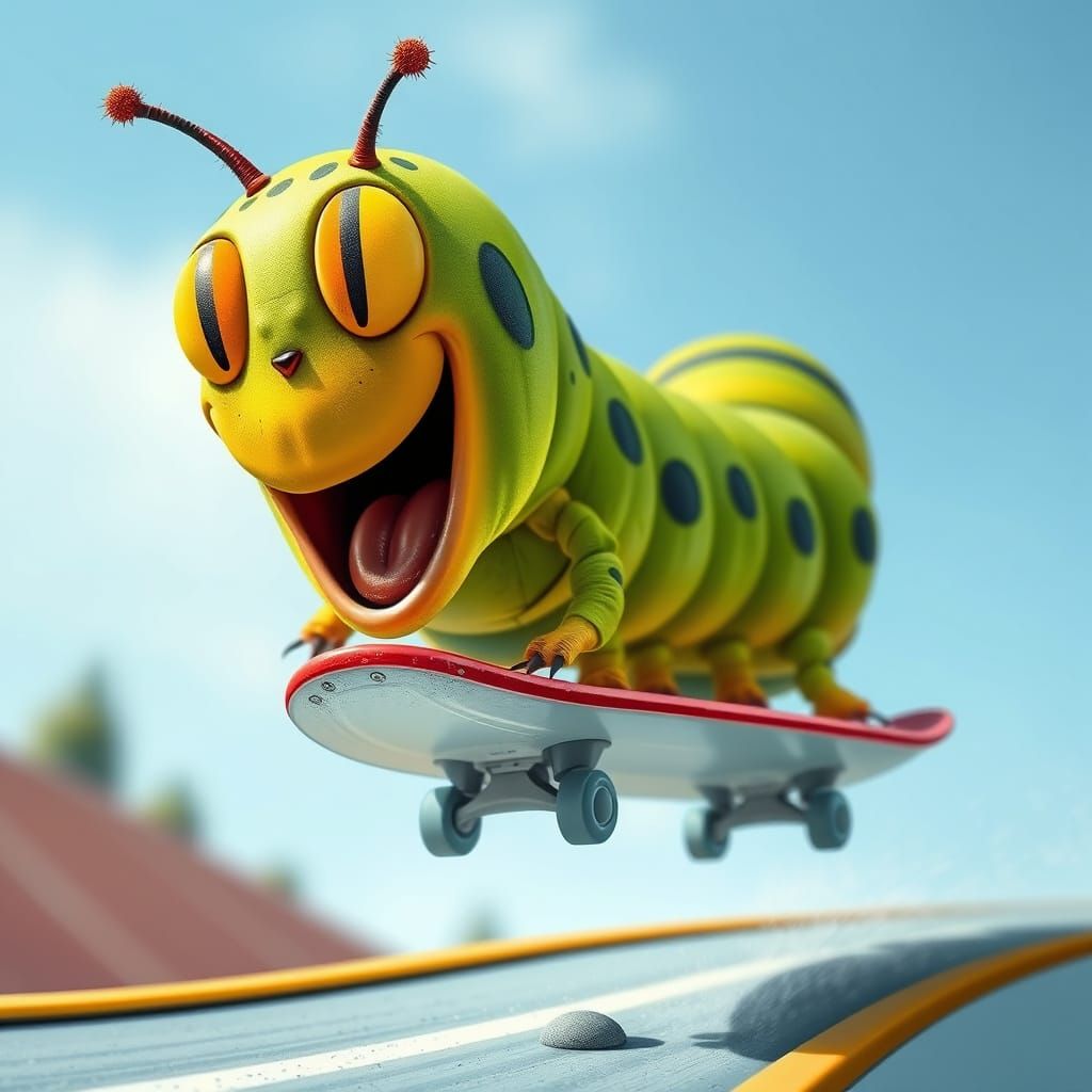 Excited Caterpillar Skateboarding on Toy Race Track