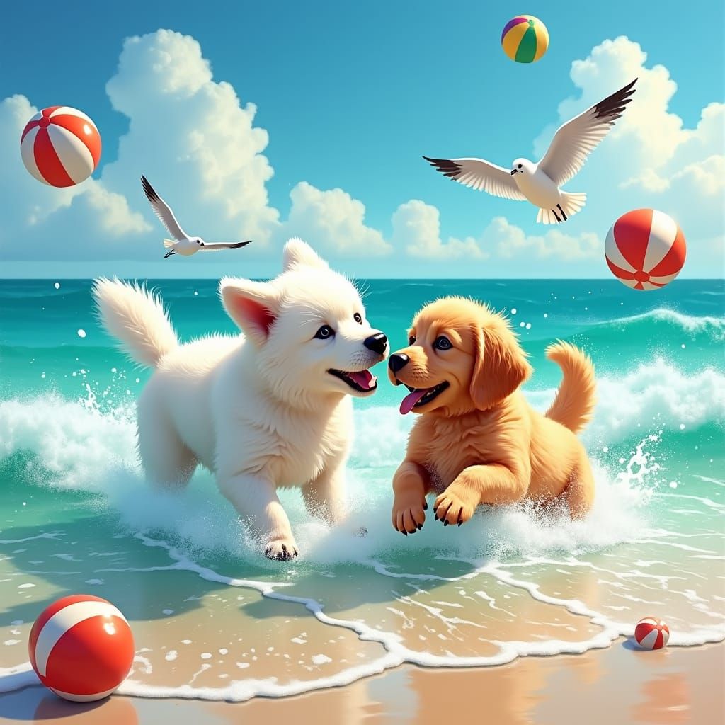 Puppies Playing in Ocean as Digital Art