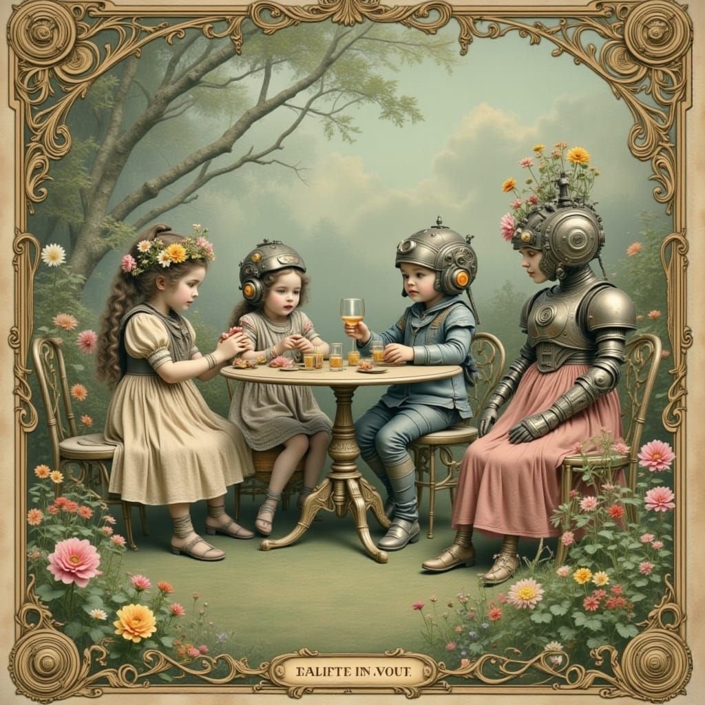 Steampunk Cybernetic Children's Garden Party: Vintage Postca...