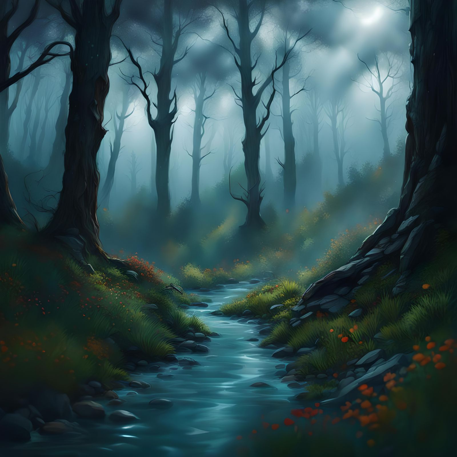 Hyperrealistic Forest Nightscape in Surreal Style