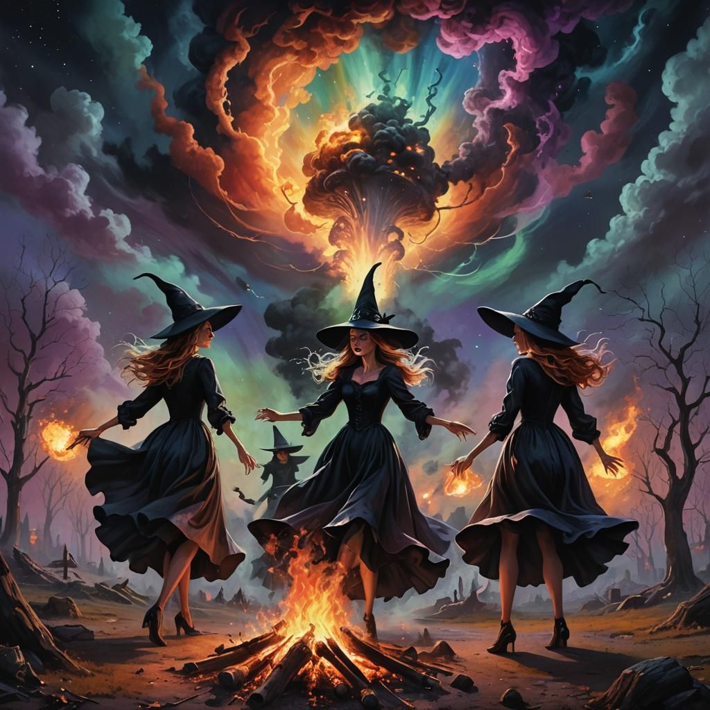 Witches' Bonfire Dance Amidst Nuclear Apocalypse