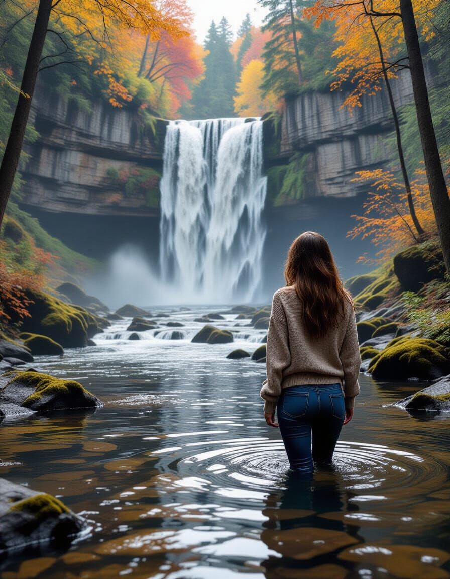 Woman Wades Near Majestic Waterfall on Autumn Day