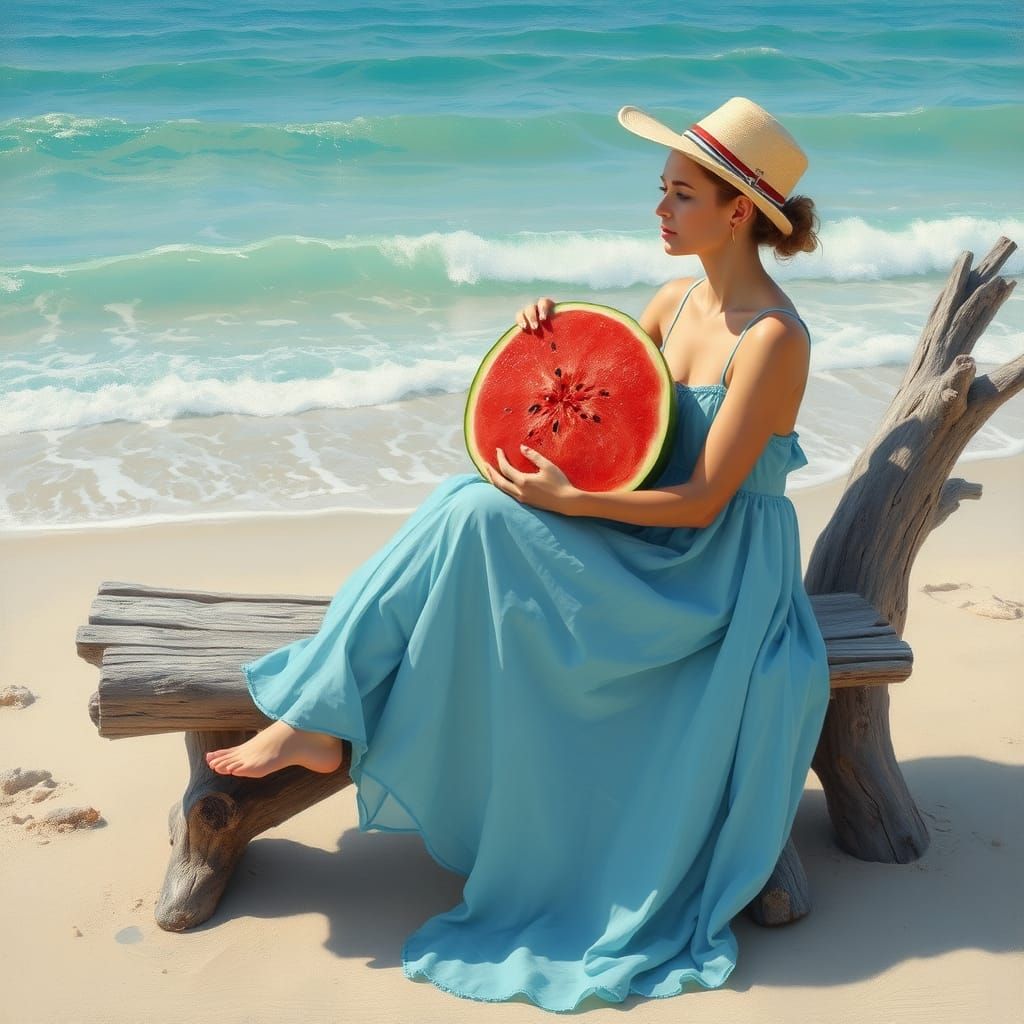 Woman with Watermelon on Beach in Dreamy Surreal Style