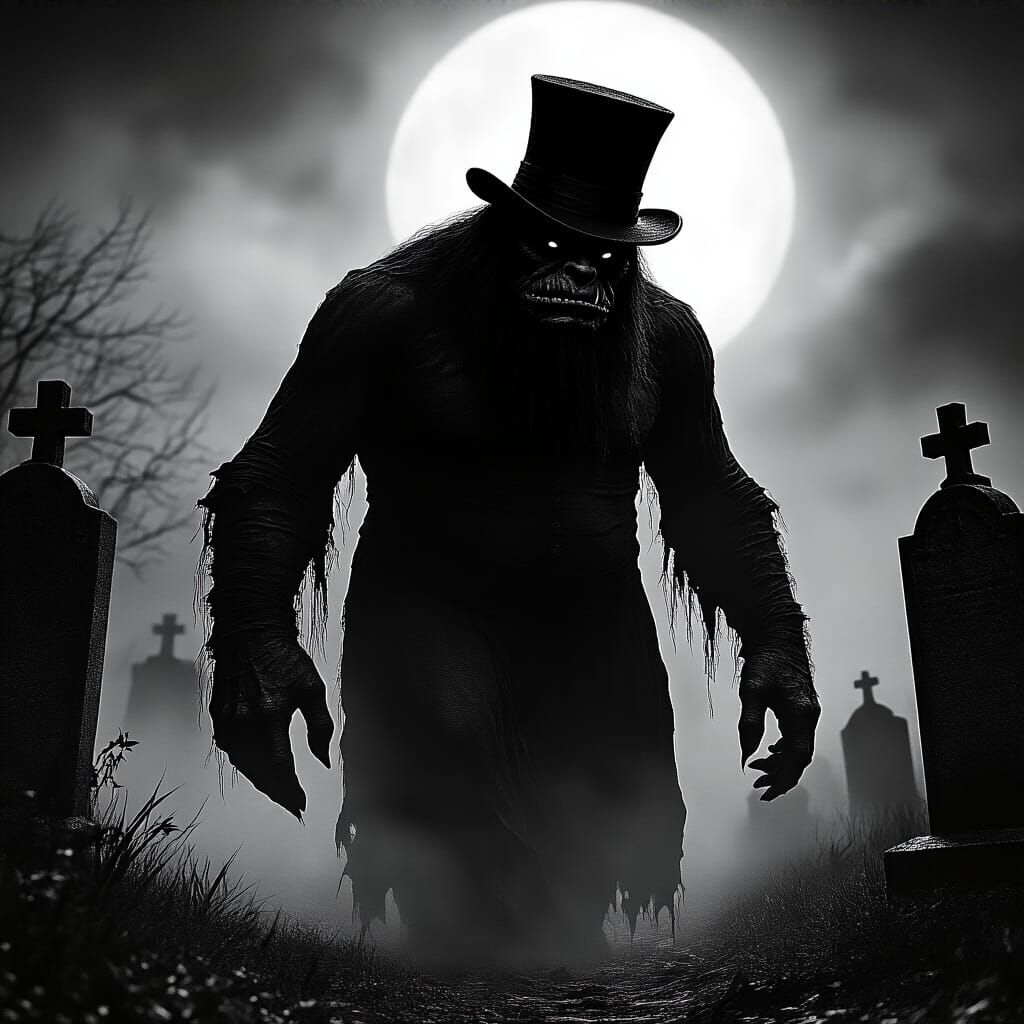 Swamp Ogre in Graveyard, Hyperrealistic Black and White