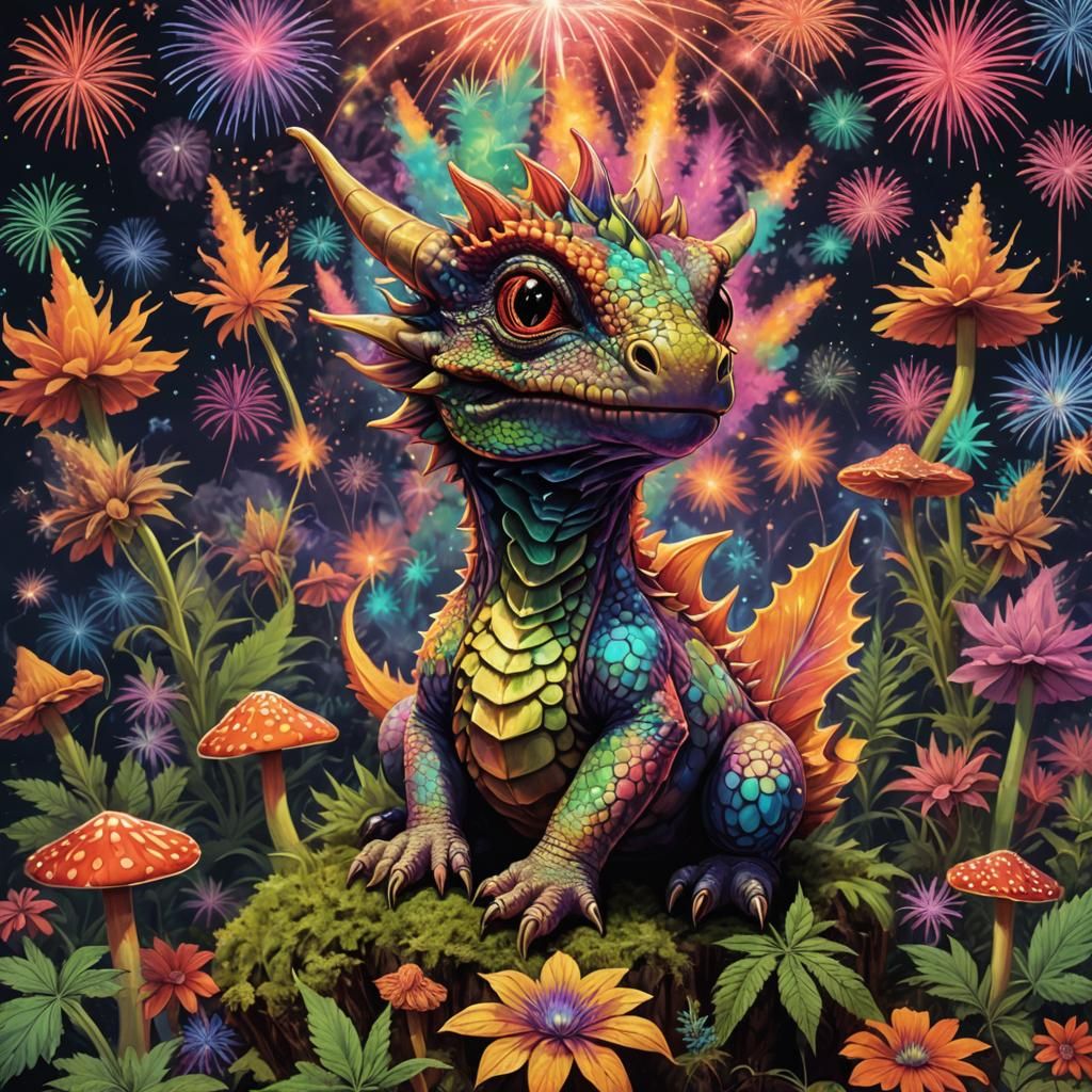 Psychedelic Dragon on Mushroom with Fireworks
