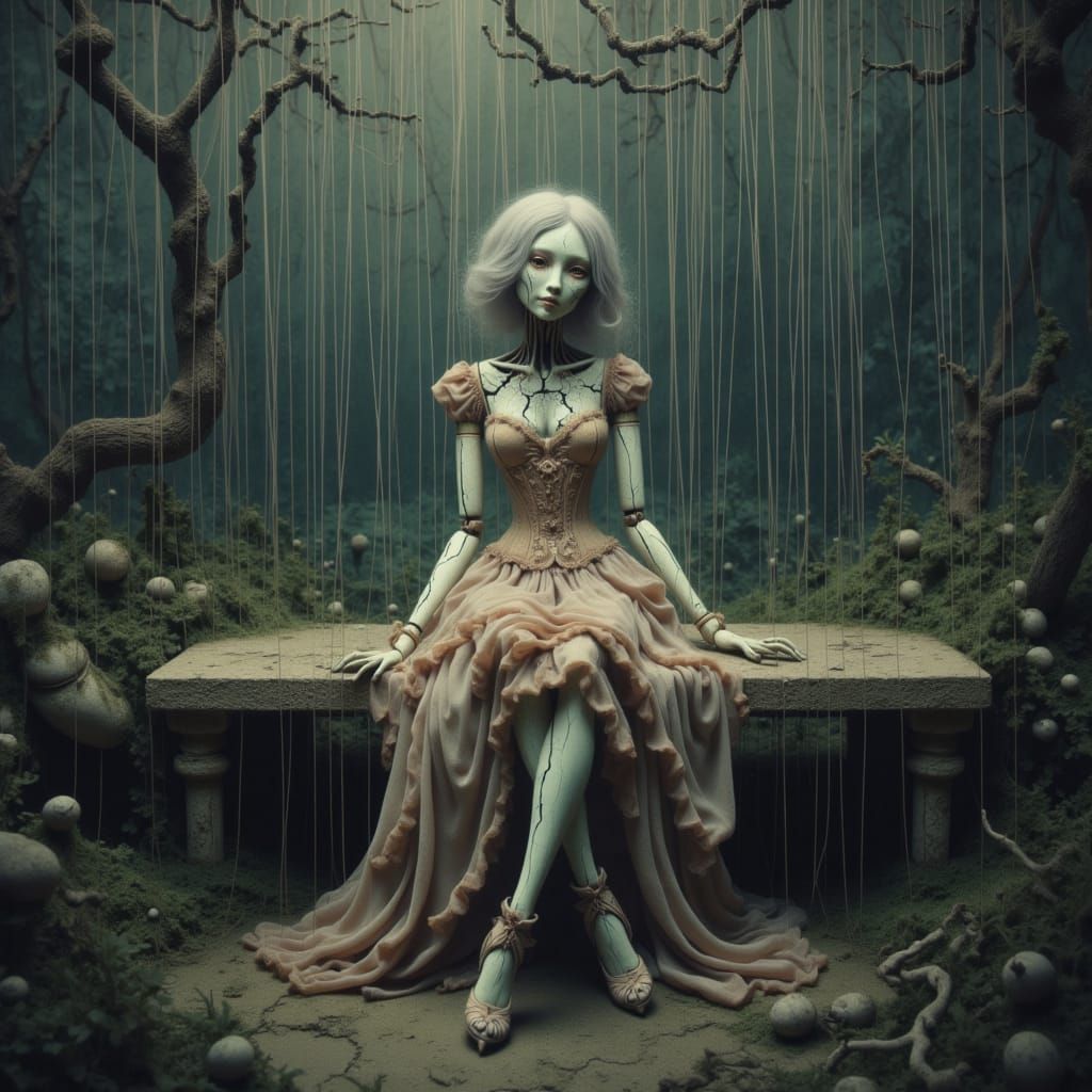 Antique Porcelain Doll in Overgrown Garden