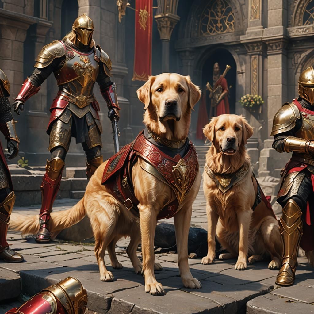 Labrador Mix in Red and Gold Armor