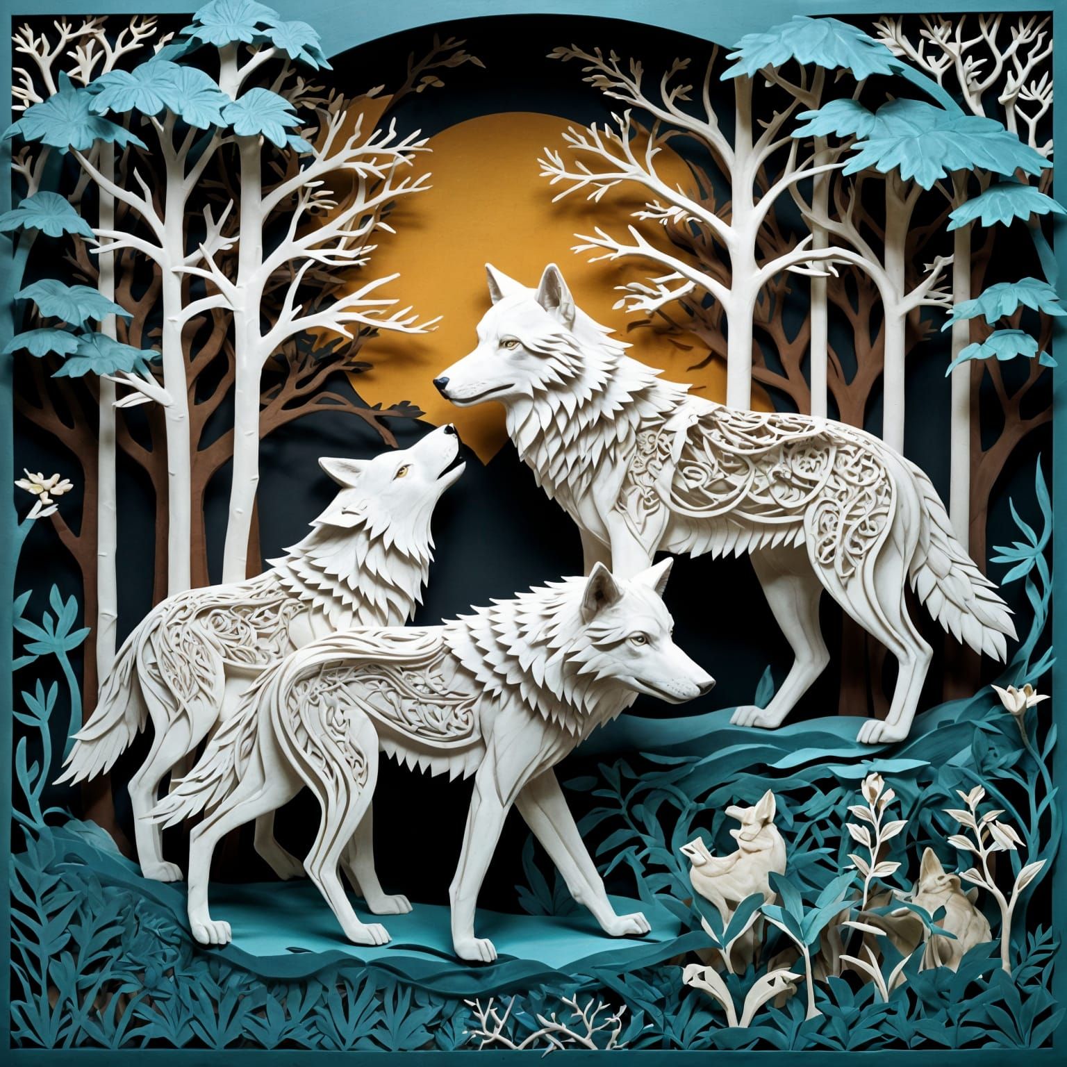 Intricate Kirigami Art of Three Wolves