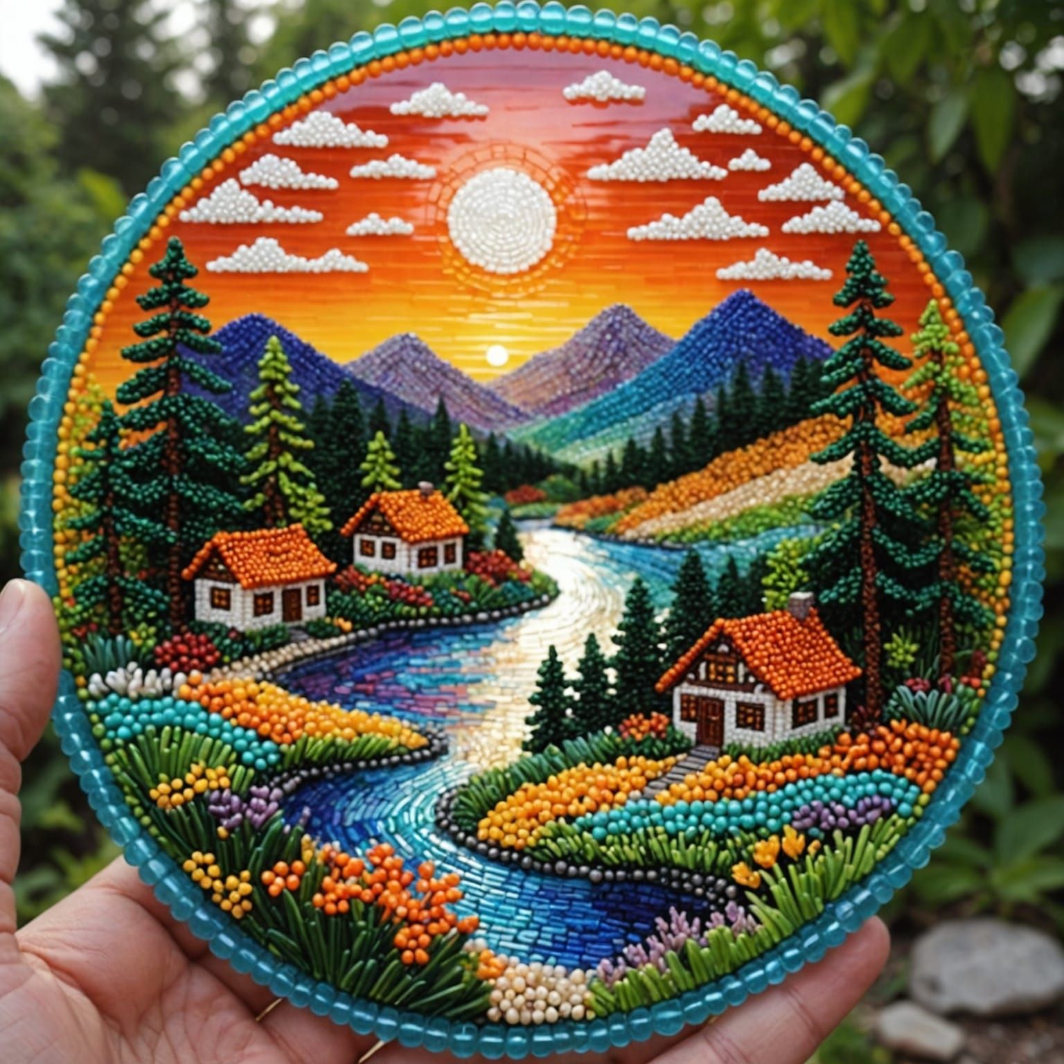 Beaded Sunset Landscape: Translucent Bead Art