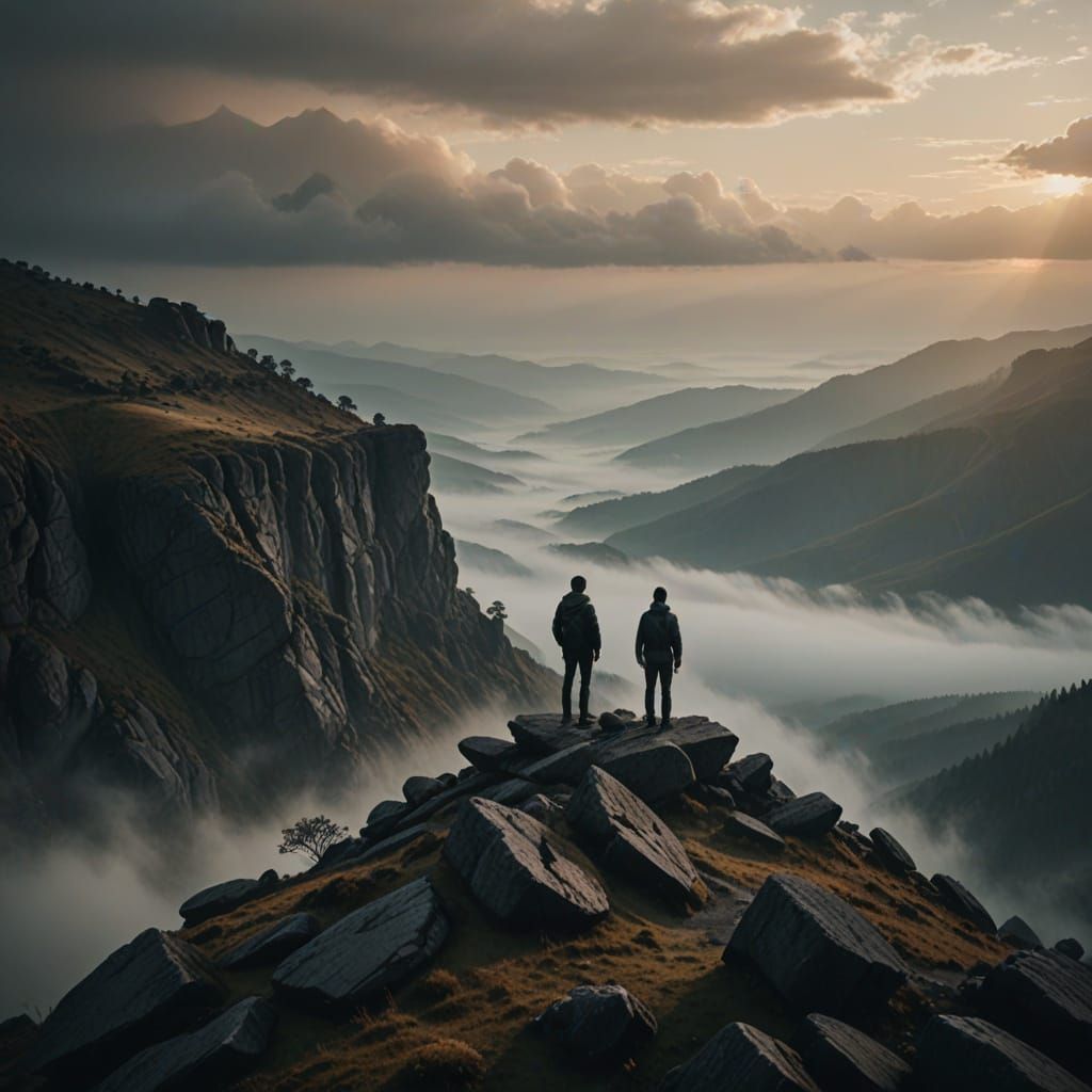 Lone Figure Surveys a Foggy Expanse in Cinematic Landscapes