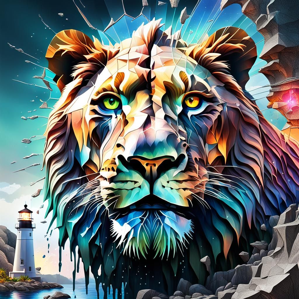 Lion's Face in Shattered Glass with Neon Effects