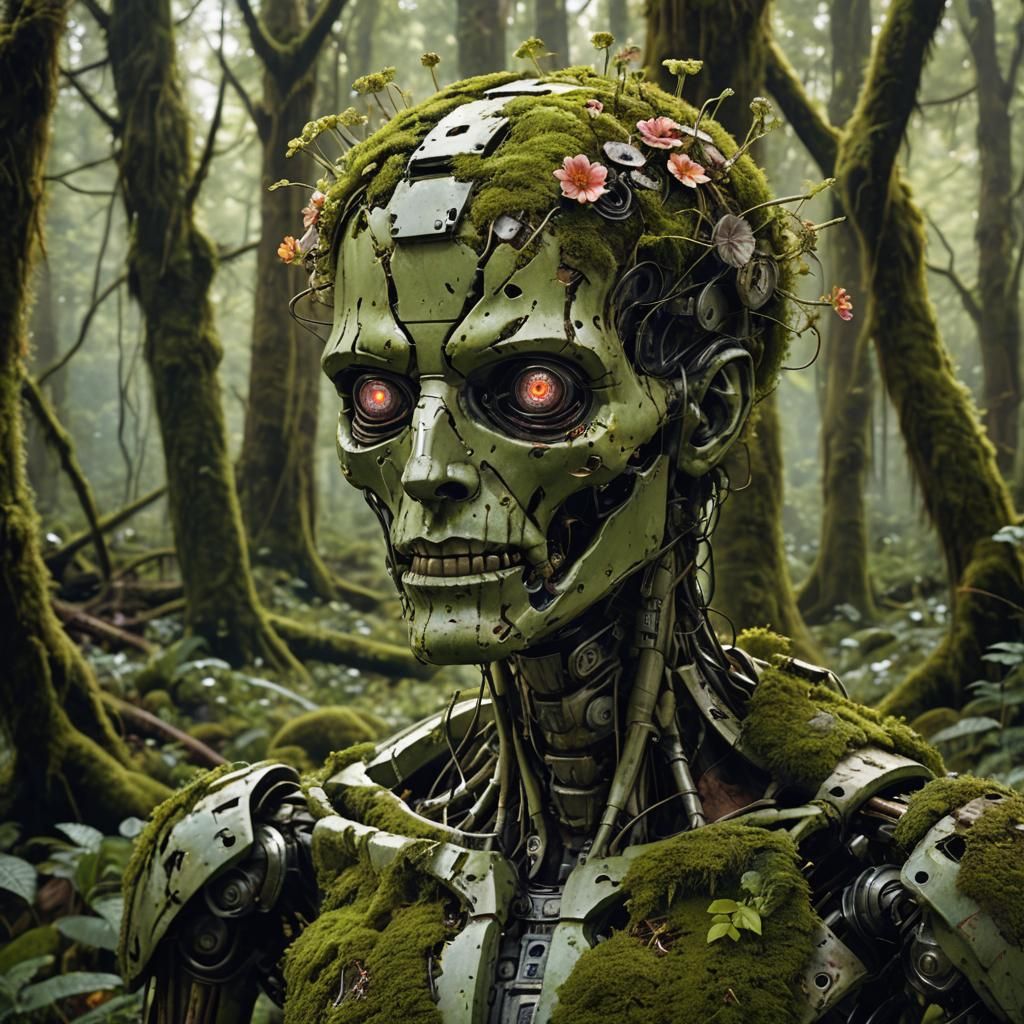 Decaying Android in Forest with Rustic Prosthetics
