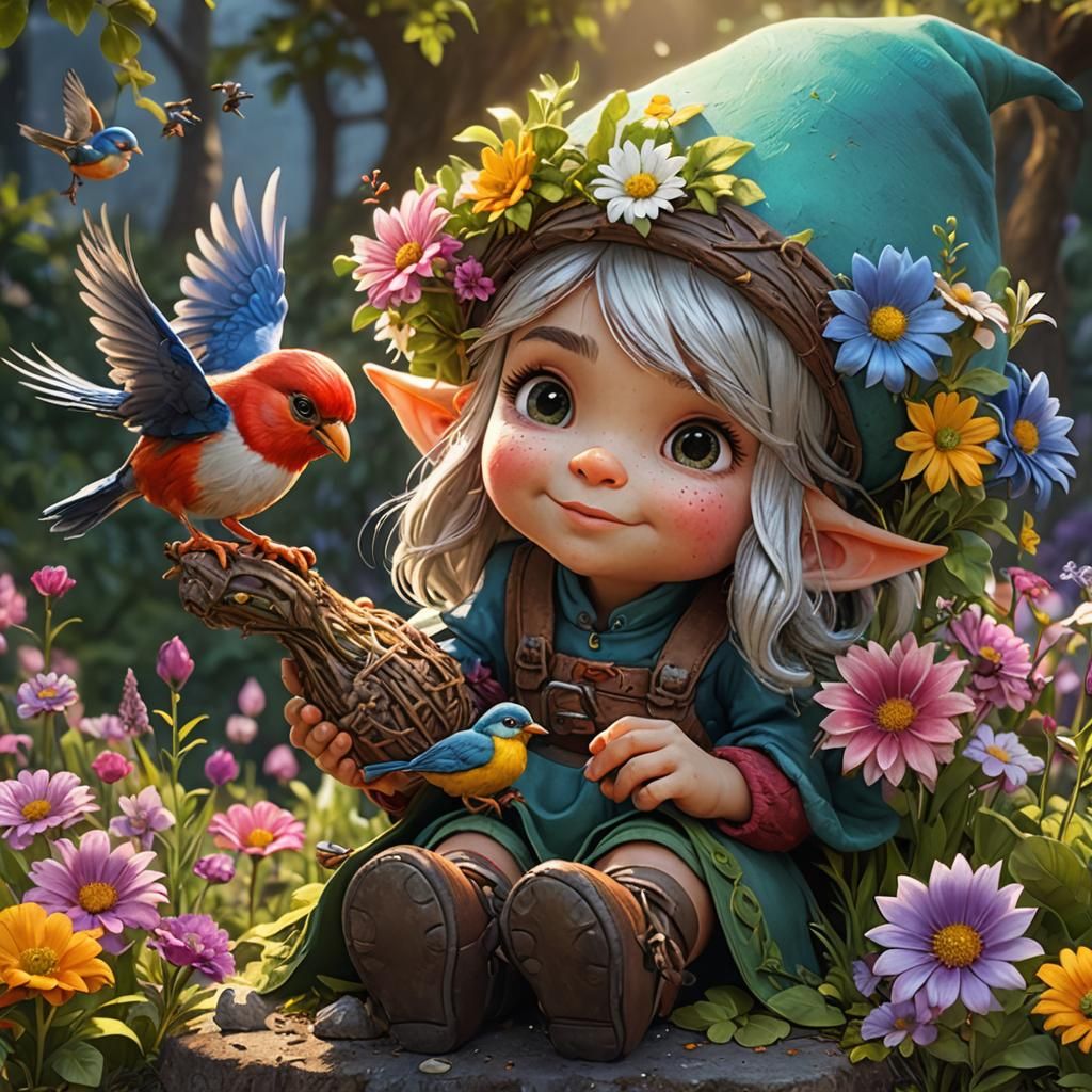 Gnome Girl Feeding Birds in Anime Style