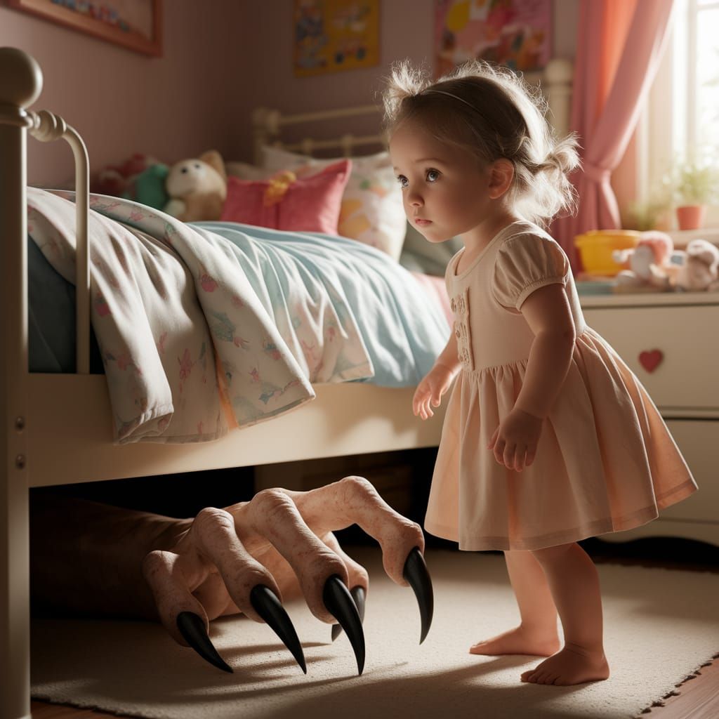 Little Girl Discovers Friendly Monster Under Bed in Whimsica...