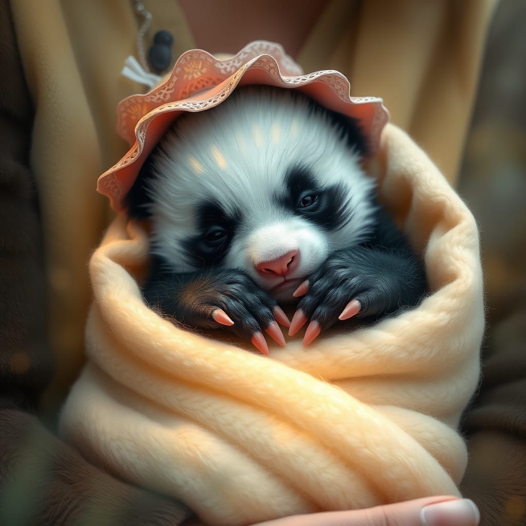 Whimsical Newborn Panda Cub in Gentle Caregiver's Arms
