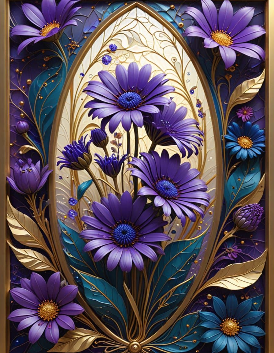 Stained-Glass Floral Bouquet in Gold Frame