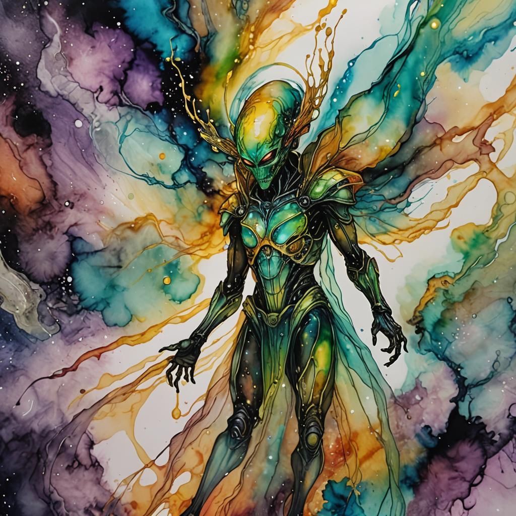 Translucent Alien Warrior in Alcohol Ink Vortex