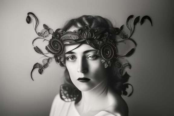 Art Nouveau Woman in Vintage Black and White Photo