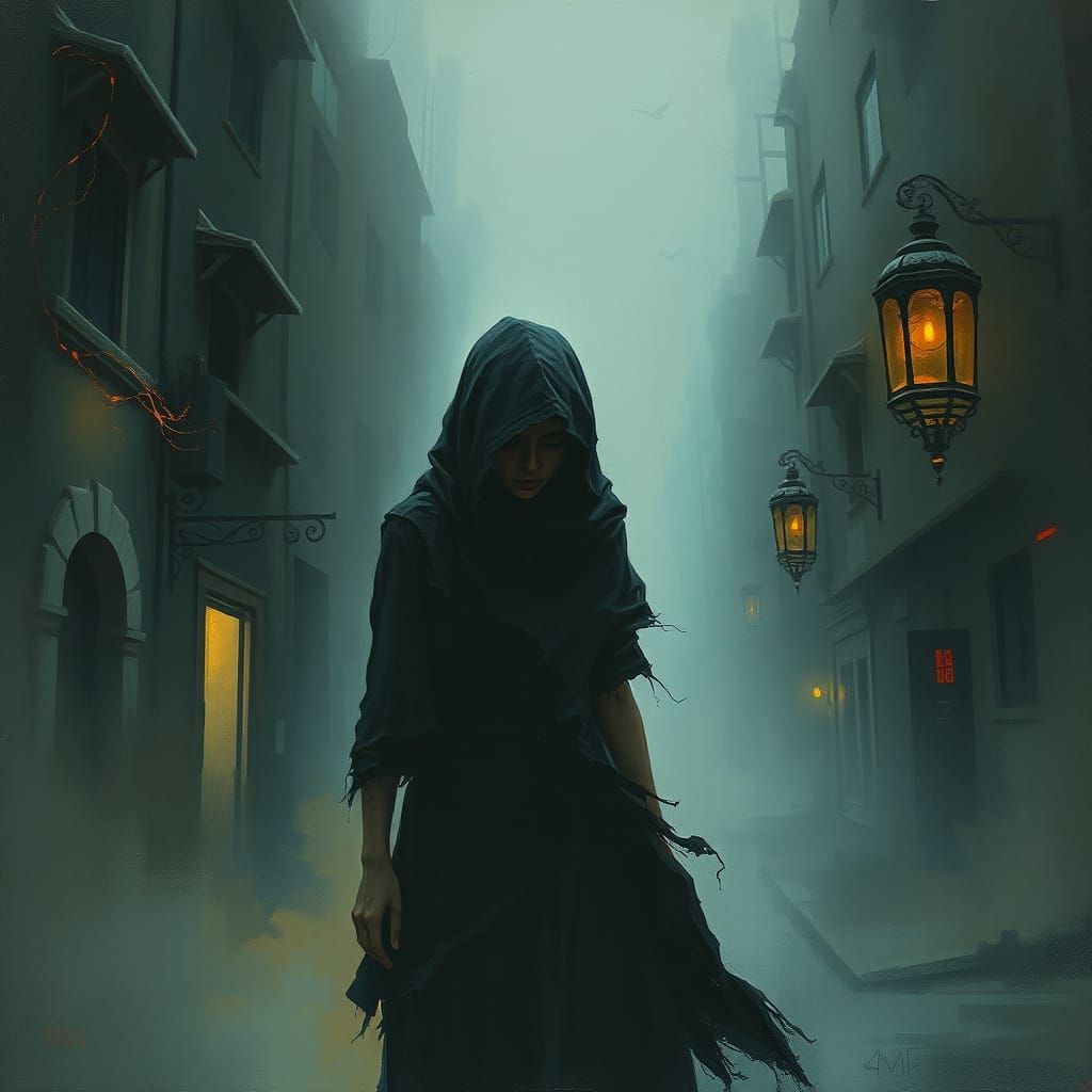 Mystical Woman in Urban Landscape, Oil and Watercolor