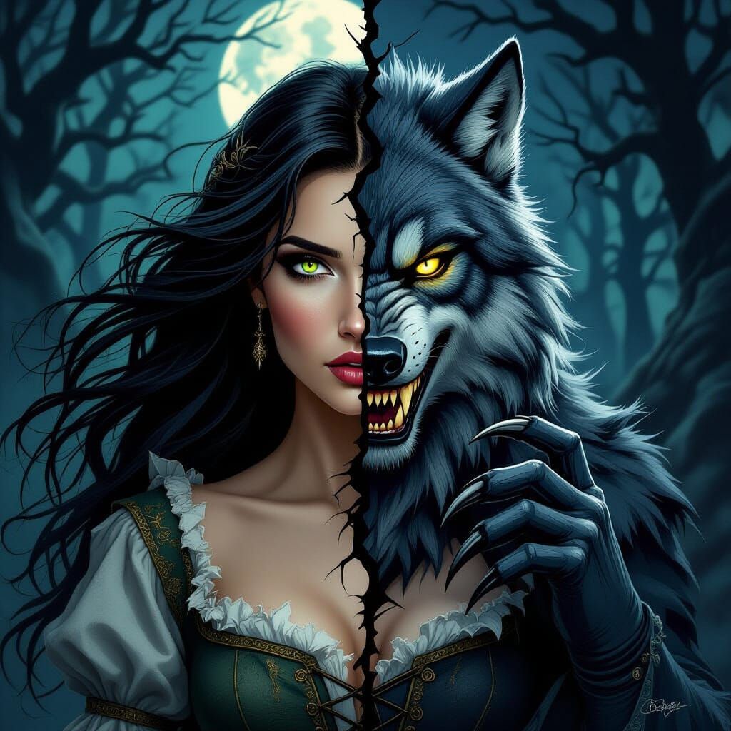 Surreal Woman-Werewolf Transformation Portrait