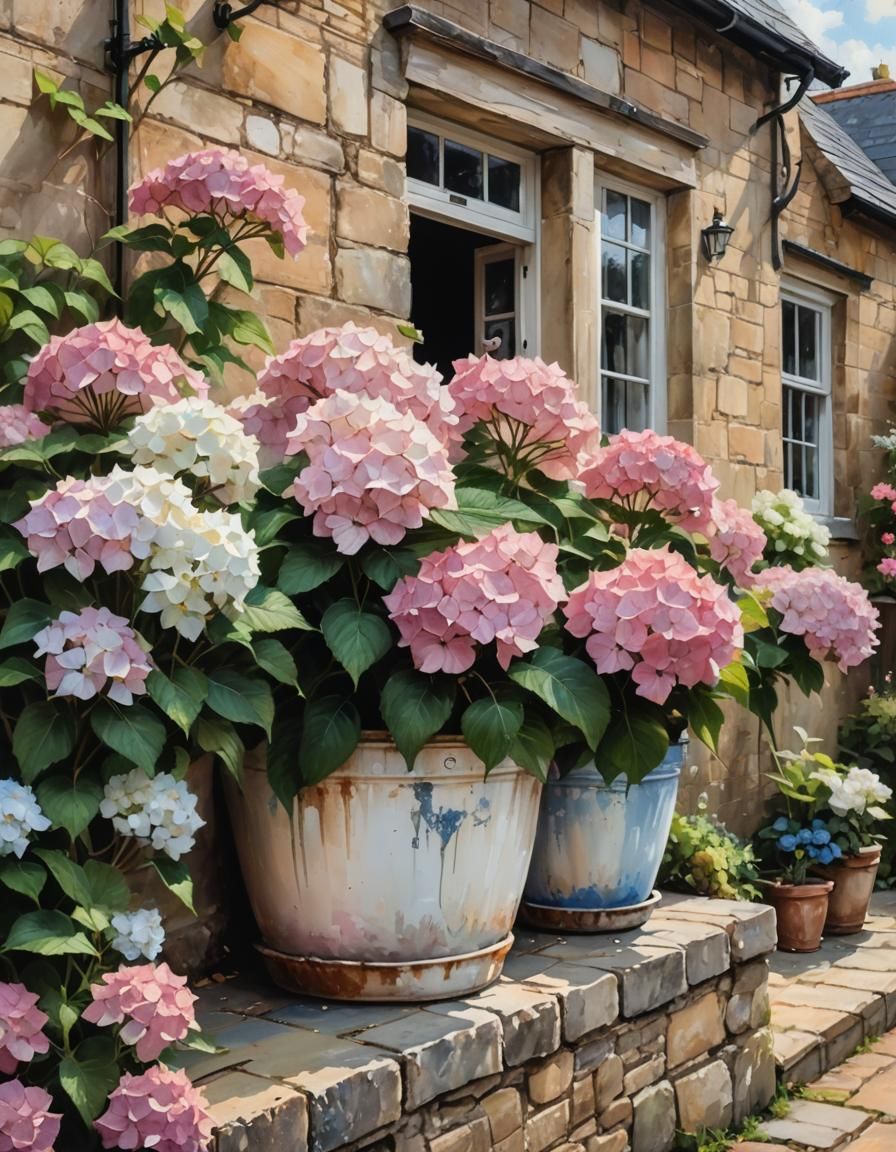 Hydrangeas by Cotswold Cottage: Stylized Watercolor Art