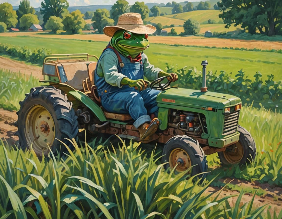 Frog Farmer Drives Tractor: Impressionist Rural Art