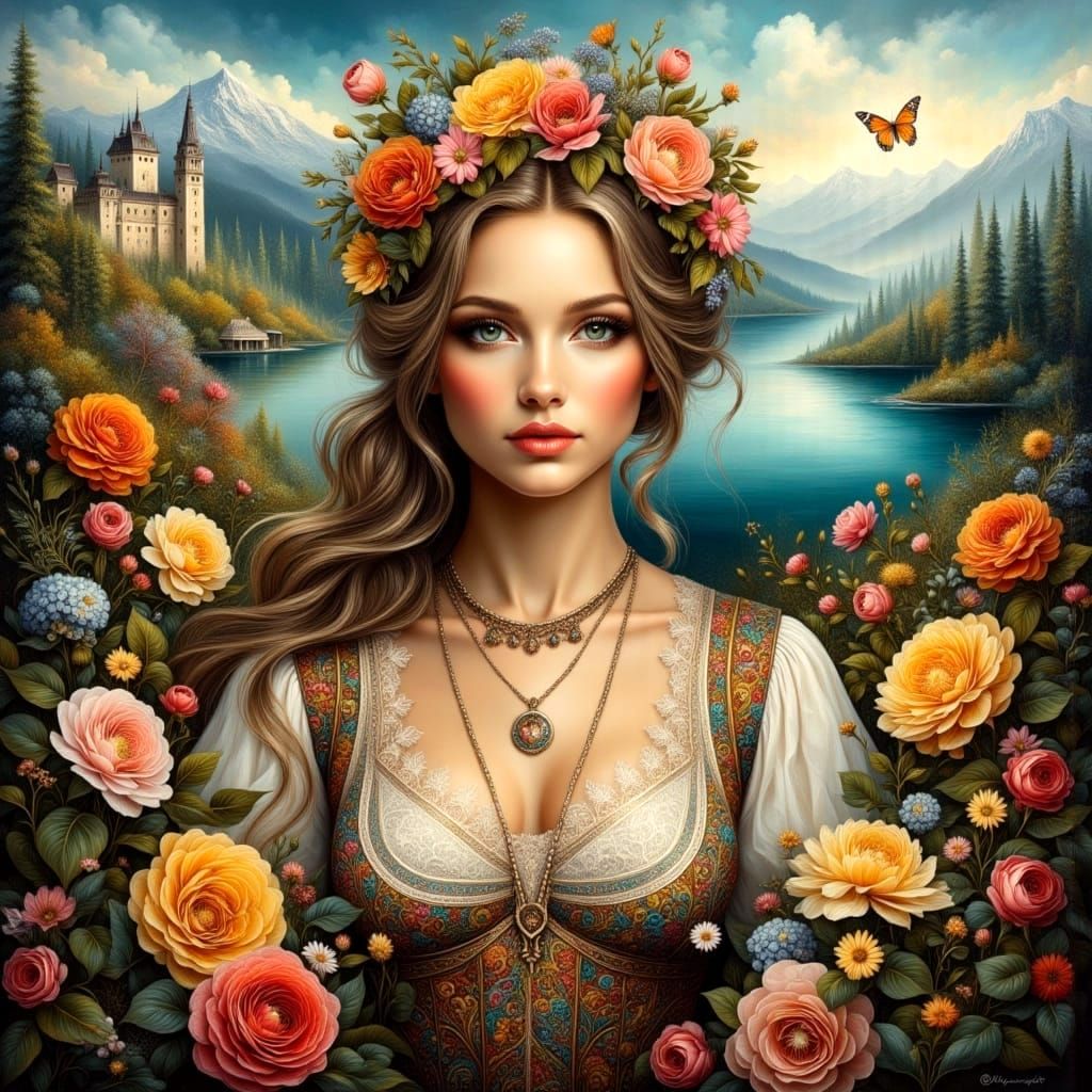 Traditional Slovenian Woman in a Vibrant Alpine Landscape