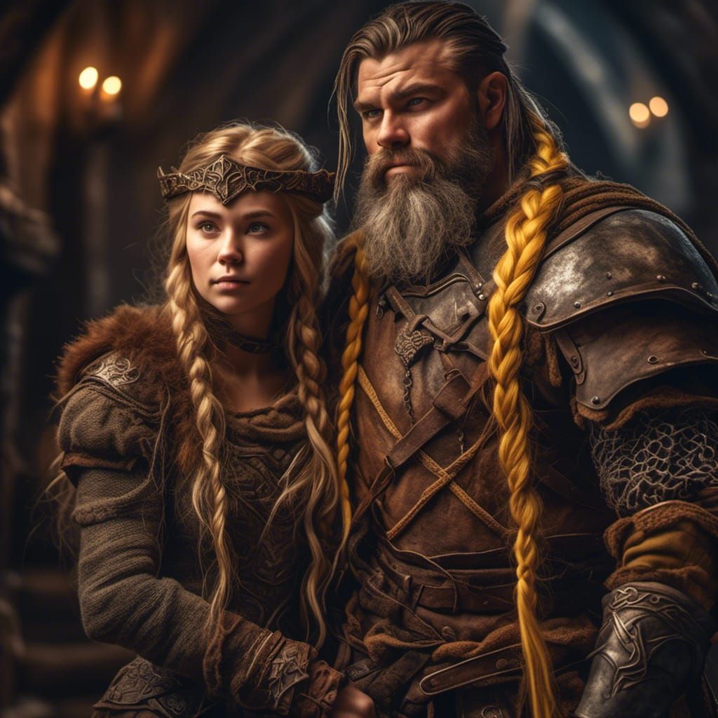 Hyperrealistic Dwarf Couple in Medieval Hall Photo