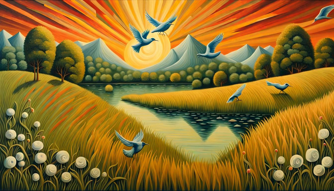 Surrealist Summer Evening Oil Painting with Birds