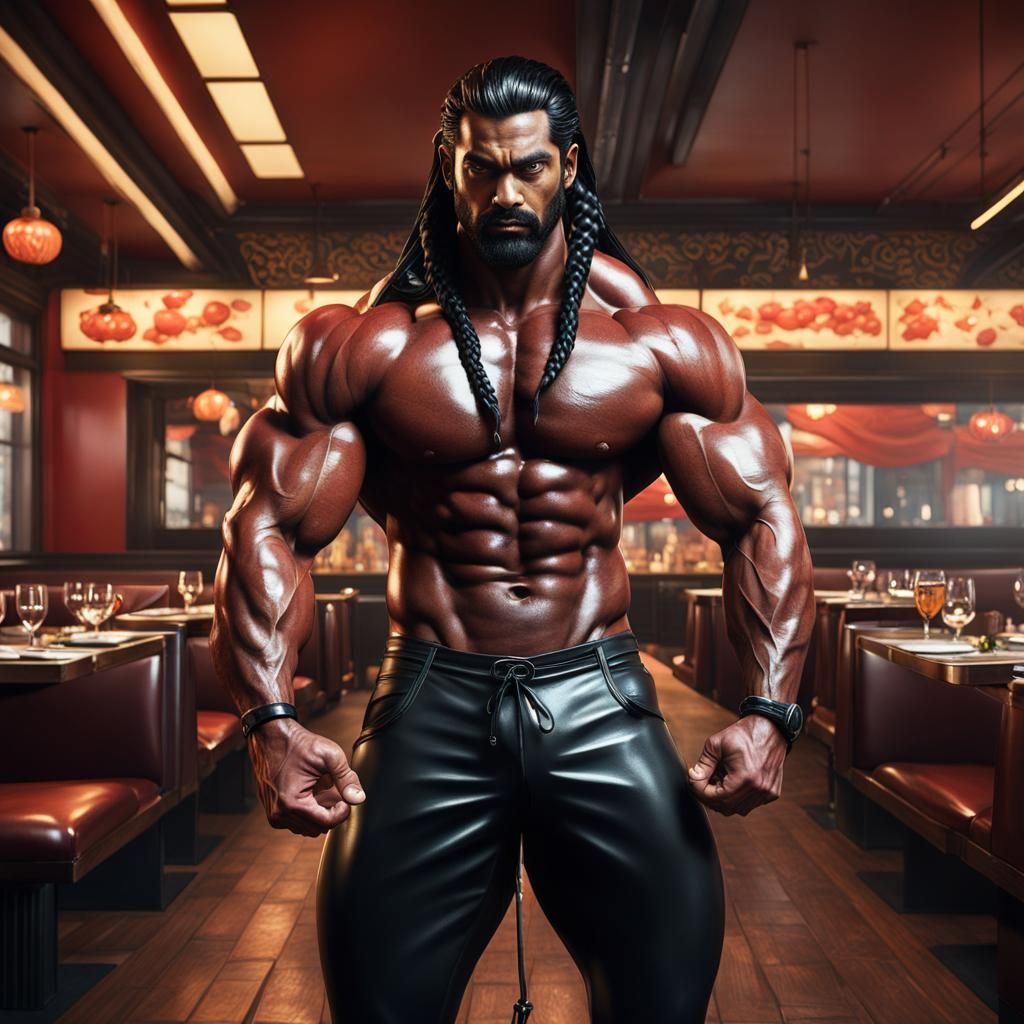 Hyperrealistic Bodybuilder Crushed by Sausage in Restaurant