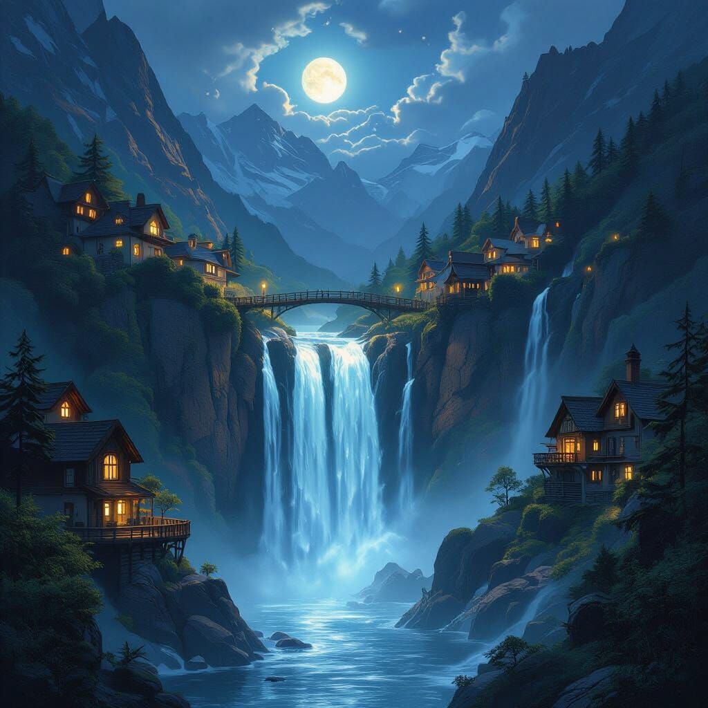 Mystical Waterfall Village at Night